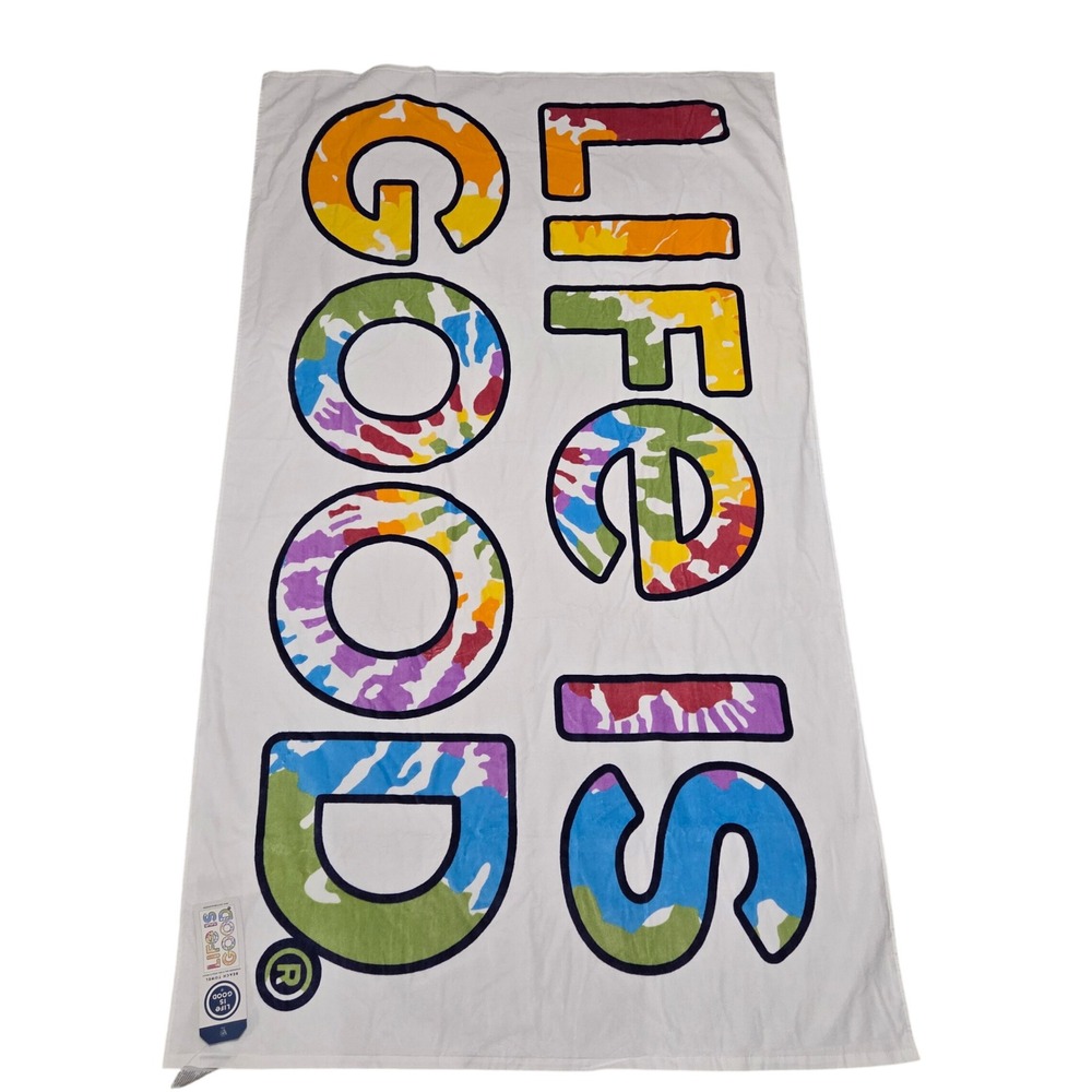 NEW‎ Life is Good Beach Towel Oversized 38in x 65in White Spell Out Tie Dye